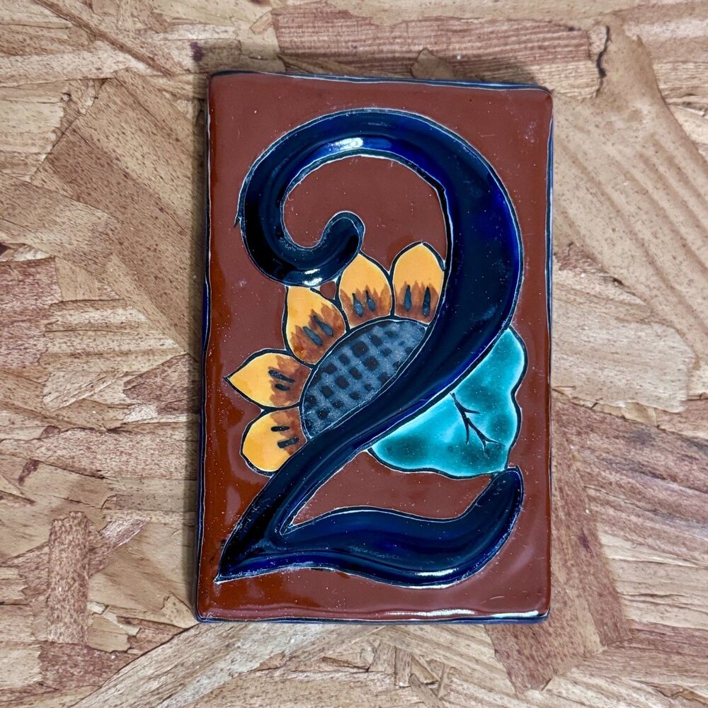 Mexican Talavera Ceramic House Number 2 Sunflower Tile Raised Hand Painted NWOT